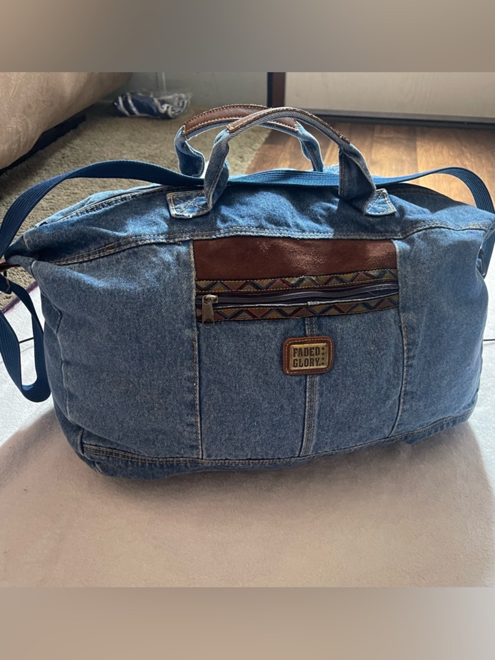 Vintage Denim Jean Faded Glory 1990s duffel bag with strap and handles